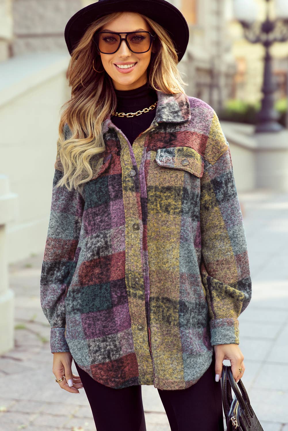 Brushed Plaid Pocketed Oversize Shacket