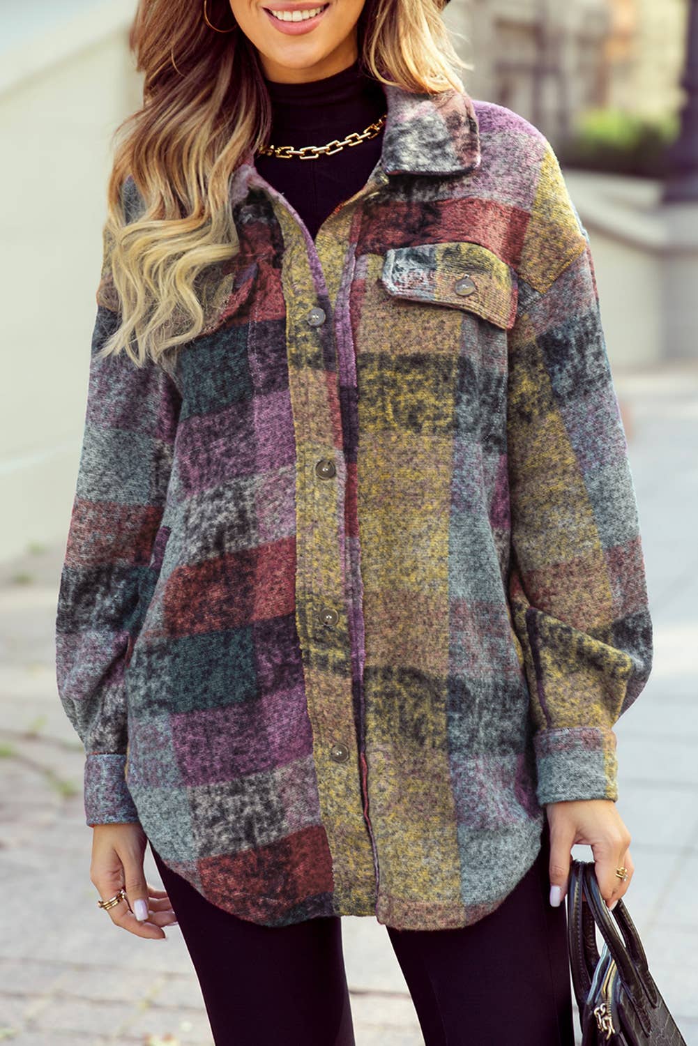 Brushed Plaid Pocketed Oversize Shacket