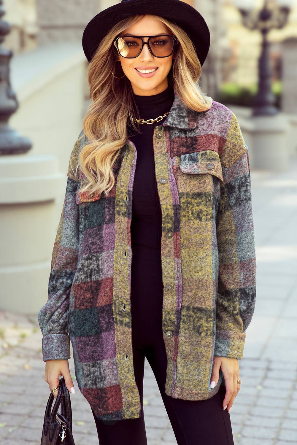 Brushed Plaid Pocketed Oversize Shacket